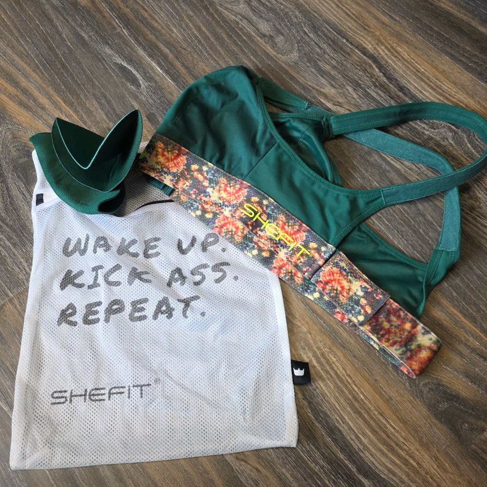 SHEFIT Ultimate Sports Bra Luxe Emerald Green Floral High Impact Zip Front